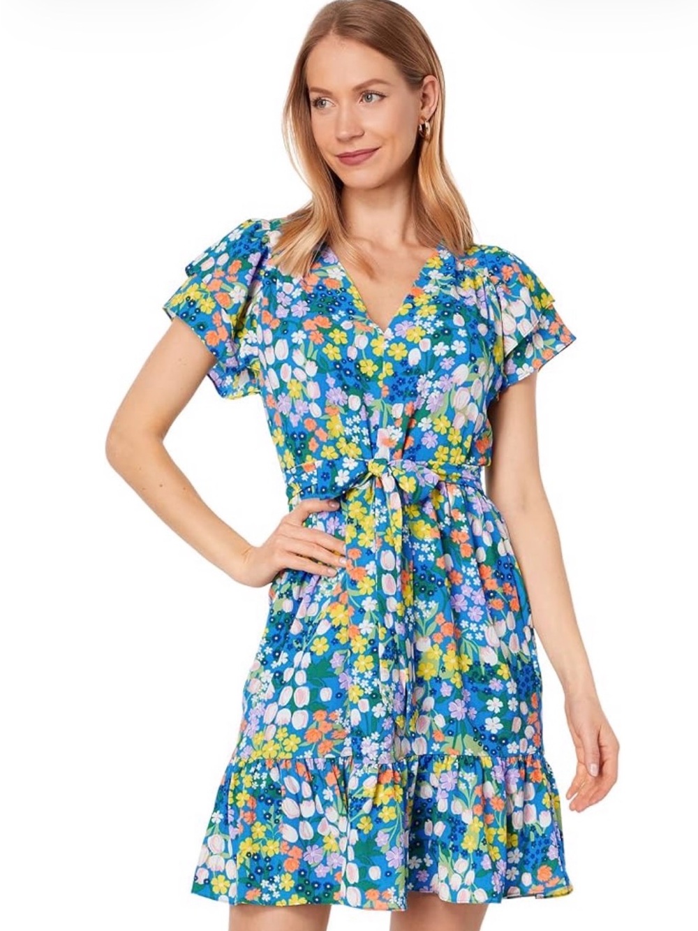 New with Tags Maggy London Blue Floral V Neck Flutter Sleeve Dress sz 12